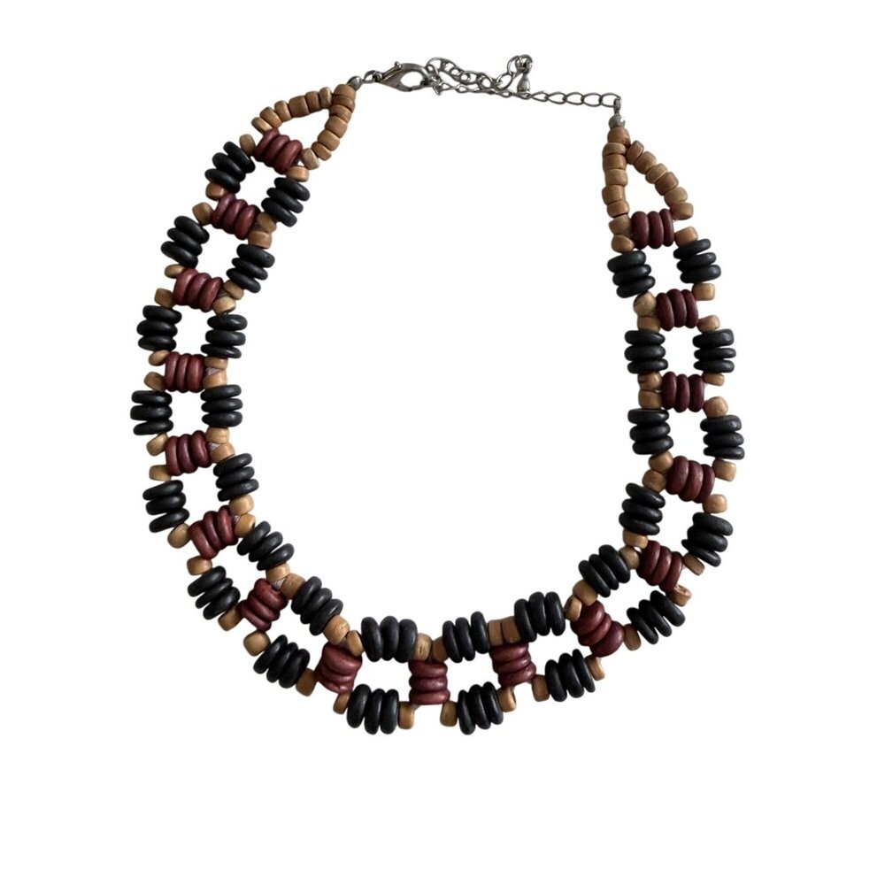 VIntage Wood Bead Necklace Adjustable Chain Tribal Inspired Coconut Heishi Disc